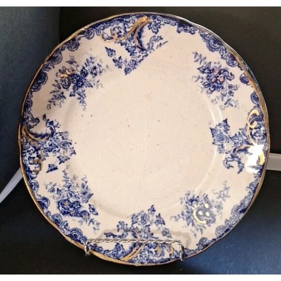 Antique Flow Blue with Gold Trim Dinner Plate Marked - Picture 1 of 4